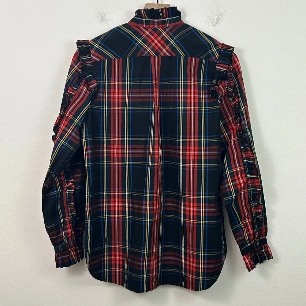 NWT J.Crew Classic Fit Ruffle Popover Black Stewart‎ Tartan Plaid Womens Small